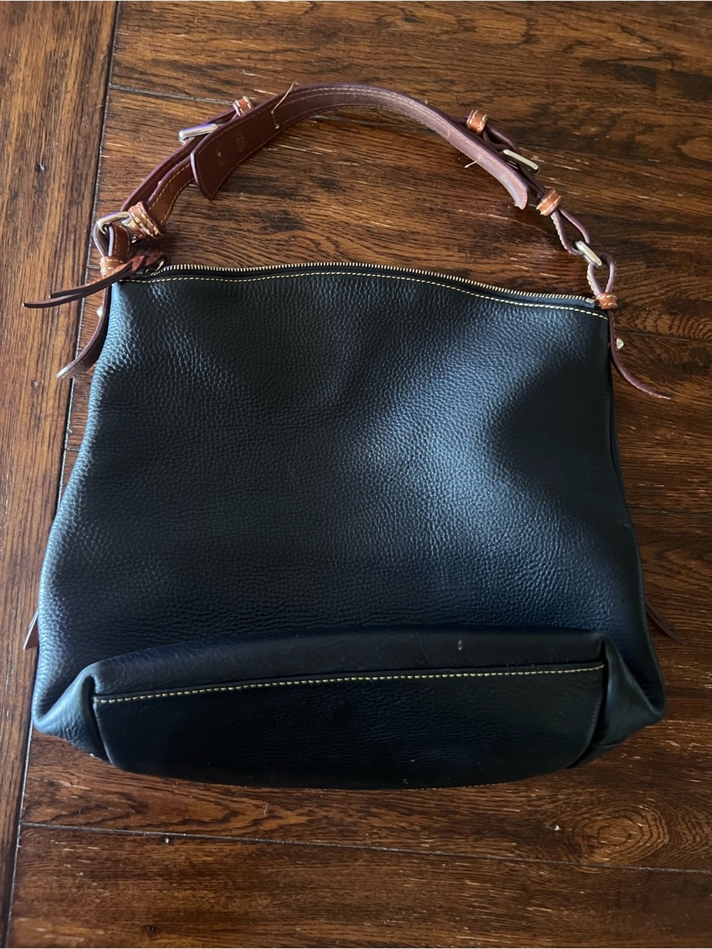 Dooney & Bourke Black large Dillen Leather Hobo Bag with Brown Strap - Picture 2 of 10